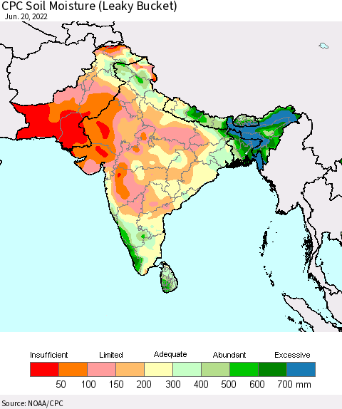 Southern Asia CPC Soil Moisture (Leaky Bucket) Thematic Map For 6/16/2022 - 6/20/2022