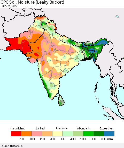 Southern Asia CPC Soil Moisture (Leaky Bucket) Thematic Map For 6/21/2022 - 6/25/2022