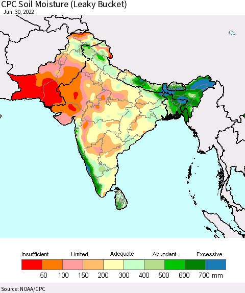 Southern Asia CPC Soil Moisture (Leaky Bucket) Thematic Map For 6/26/2022 - 6/30/2022