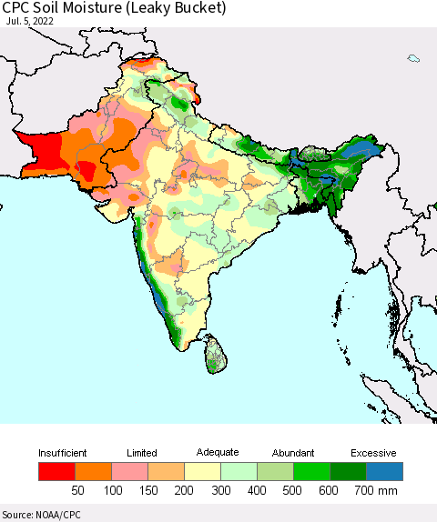 Southern Asia CPC Soil Moisture (Leaky Bucket) Thematic Map For 7/1/2022 - 7/5/2022
