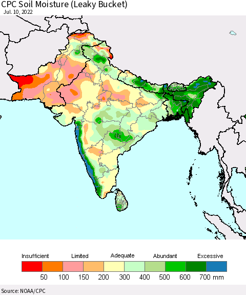 Southern Asia CPC Soil Moisture (Leaky Bucket) Thematic Map For 7/6/2022 - 7/10/2022