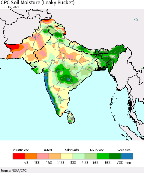 Southern Asia CPC Soil Moisture (Leaky Bucket) Thematic Map For 7/11/2022 - 7/15/2022