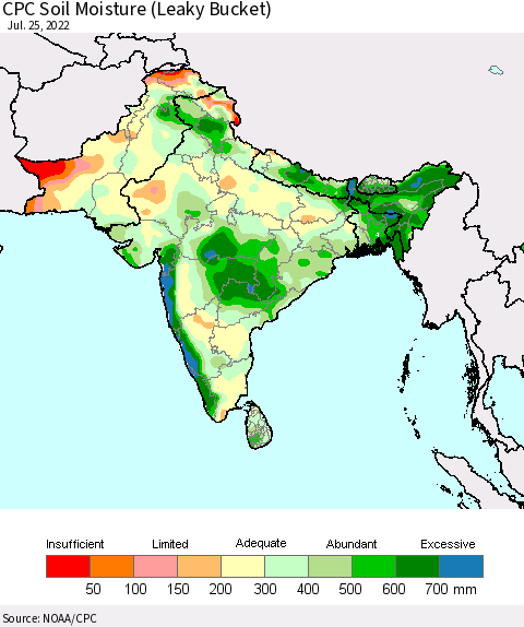 Southern Asia CPC Soil Moisture (Leaky Bucket) Thematic Map For 7/21/2022 - 7/25/2022
