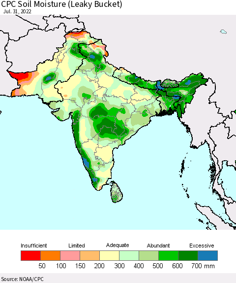 Southern Asia CPC Soil Moisture (Leaky Bucket) Thematic Map For 7/26/2022 - 7/31/2022