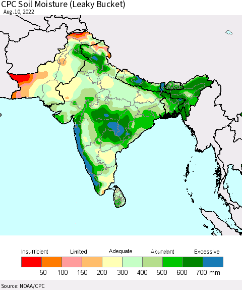 Southern Asia CPC Soil Moisture (Leaky Bucket) Thematic Map For 8/6/2022 - 8/10/2022