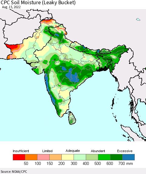 Southern Asia CPC Soil Moisture (Leaky Bucket) Thematic Map For 8/11/2022 - 8/15/2022