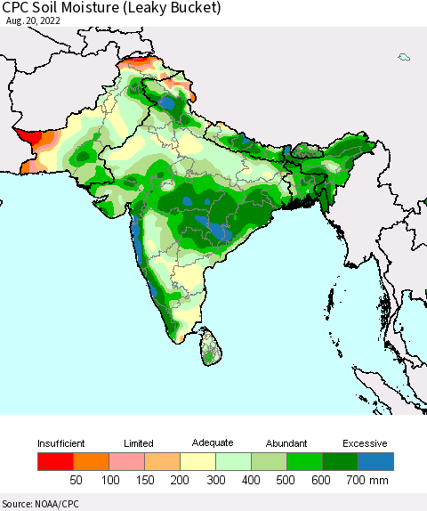 Southern Asia CPC Soil Moisture (Leaky Bucket) Thematic Map For 8/16/2022 - 8/20/2022