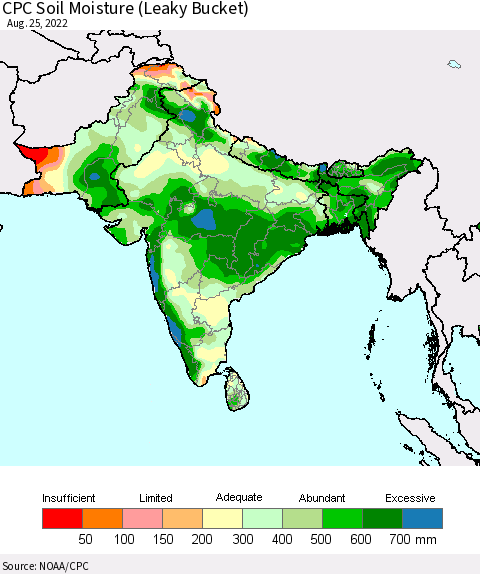 Southern Asia CPC Soil Moisture (Leaky Bucket) Thematic Map For 8/21/2022 - 8/25/2022