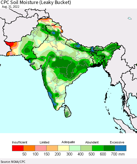 Southern Asia CPC Soil Moisture (Leaky Bucket) Thematic Map For 8/26/2022 - 8/31/2022