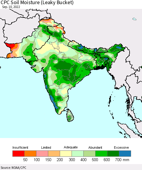 Southern Asia CPC Calculated Soil Moisture (Leaky Bucket) Thematic Map For 9/6/2022 - 9/10/2022