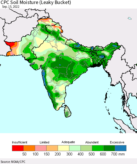 Southern Asia CPC Soil Moisture (Leaky Bucket) Thematic Map For 9/11/2022 - 9/15/2022