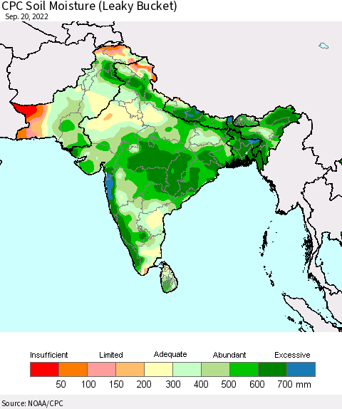 Southern Asia CPC Soil Moisture (Leaky Bucket) Thematic Map For 9/16/2022 - 9/20/2022