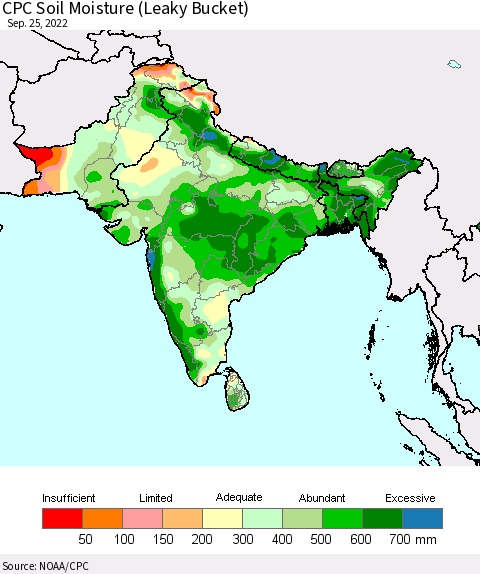 Southern Asia CPC Calculated Soil Moisture (Leaky Bucket) Thematic Map For 9/21/2022 - 9/25/2022