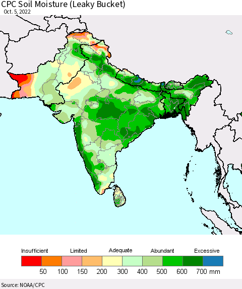 Southern Asia CPC Soil Moisture (Leaky Bucket) Thematic Map For 10/1/2022 - 10/5/2022