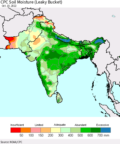 Southern Asia CPC Calculated Soil Moisture (Leaky Bucket) Thematic Map For 10/6/2022 - 10/10/2022