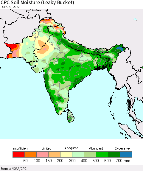 Southern Asia CPC Soil Moisture (Leaky Bucket) Thematic Map For 10/16/2022 - 10/20/2022