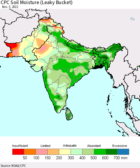 Southern Asia CPC Calculated Soil Moisture (Leaky Bucket) Thematic Map For 11/1/2022 - 11/5/2022