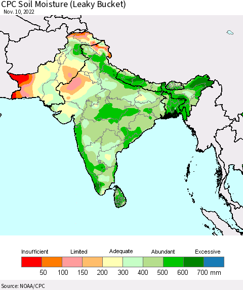 Southern Asia CPC Calculated Soil Moisture (Leaky Bucket) Thematic Map For 11/6/2022 - 11/10/2022