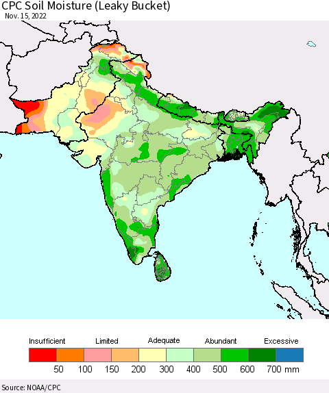 Southern Asia CPC Calculated Soil Moisture (Leaky Bucket) Thematic Map For 11/11/2022 - 11/15/2022