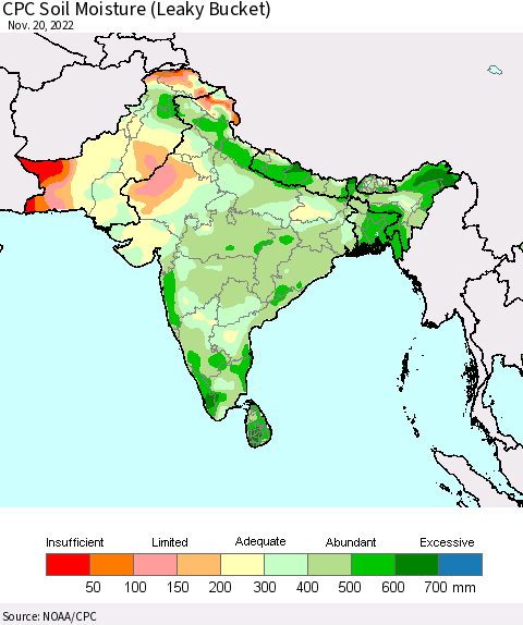 Southern Asia CPC Soil Moisture (Leaky Bucket) Thematic Map For 11/16/2022 - 11/20/2022