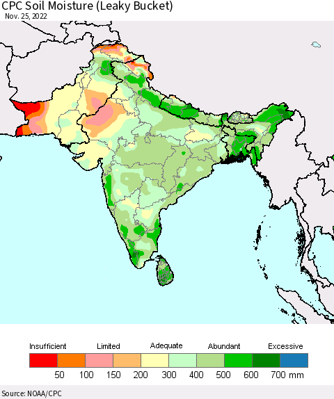 Southern Asia CPC Calculated Soil Moisture (Leaky Bucket) Thematic Map For 11/21/2022 - 11/25/2022
