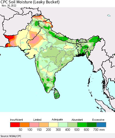 Southern Asia CPC Calculated Soil Moisture (Leaky Bucket) Thematic Map For 11/26/2022 - 11/30/2022