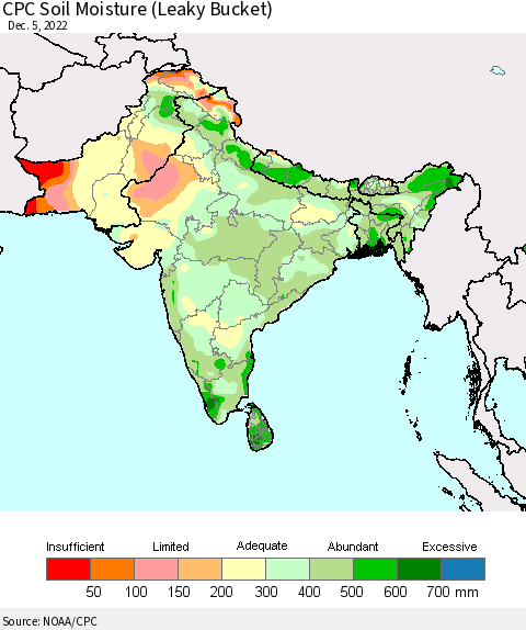 Southern Asia CPC Soil Moisture (Leaky Bucket) Thematic Map For 12/1/2022 - 12/5/2022