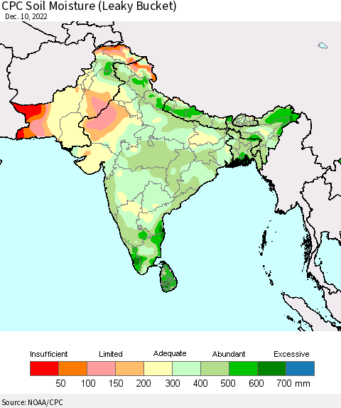 Southern Asia CPC Calculated Soil Moisture (Leaky Bucket) Thematic Map For 12/6/2022 - 12/10/2022