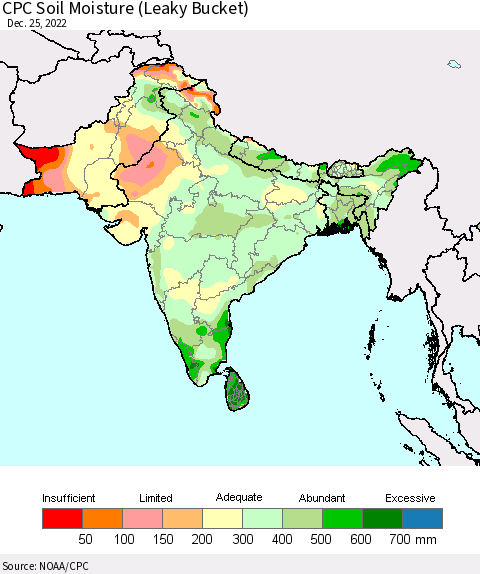 Southern Asia CPC Calculated Soil Moisture (Leaky Bucket) Thematic Map For 12/21/2022 - 12/25/2022