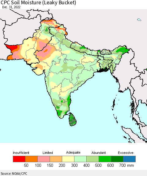 Southern Asia CPC Calculated Soil Moisture (Leaky Bucket) Thematic Map For 12/26/2022 - 12/31/2022