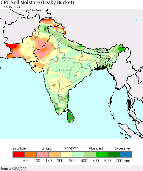 Southern Asia CPC Calculated Soil Moisture (Leaky Bucket) Thematic Map For 1/11/2023 - 1/15/2023