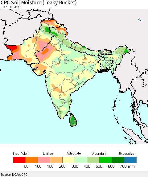 Southern Asia CPC Calculated Soil Moisture (Leaky Bucket) Thematic Map For 1/26/2023 - 1/31/2023