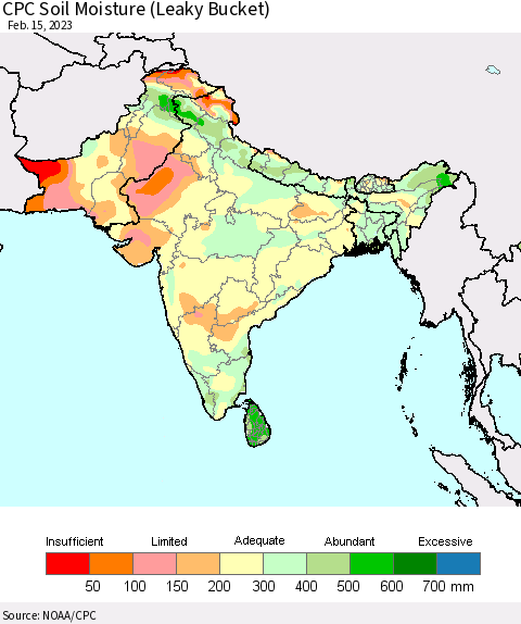 Southern Asia CPC Calculated Soil Moisture (Leaky Bucket) Thematic Map For 2/11/2023 - 2/15/2023