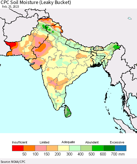 Southern Asia CPC Calculated Soil Moisture (Leaky Bucket) Thematic Map For 2/21/2023 - 2/25/2023