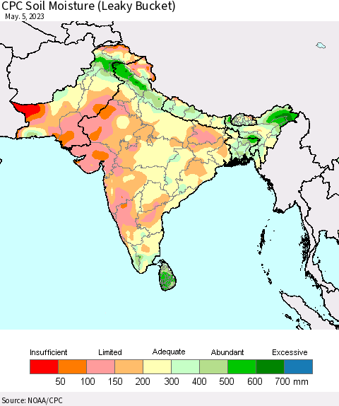 Southern Asia CPC Soil Moisture (Leaky Bucket) Thematic Map For 5/1/2023 - 5/5/2023
