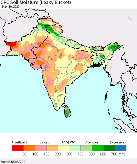 Southern Asia CPC Soil Moisture (Leaky Bucket) Thematic Map For 5/6/2023 - 5/10/2023