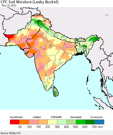 Southern Asia CPC Soil Moisture (Leaky Bucket) Thematic Map For 5/11/2023 - 5/15/2023