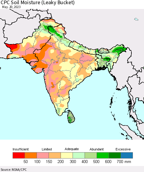 Southern Asia CPC Soil Moisture (Leaky Bucket) Thematic Map For 5/16/2023 - 5/20/2023