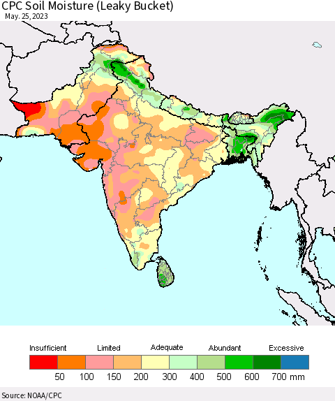 Southern Asia CPC Soil Moisture (Leaky Bucket) Thematic Map For 5/21/2023 - 5/25/2023
