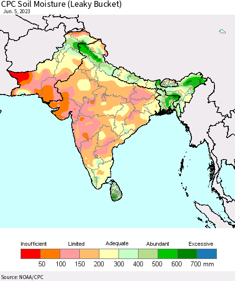 Southern Asia CPC Soil Moisture (Leaky Bucket) Thematic Map For 6/1/2023 - 6/5/2023