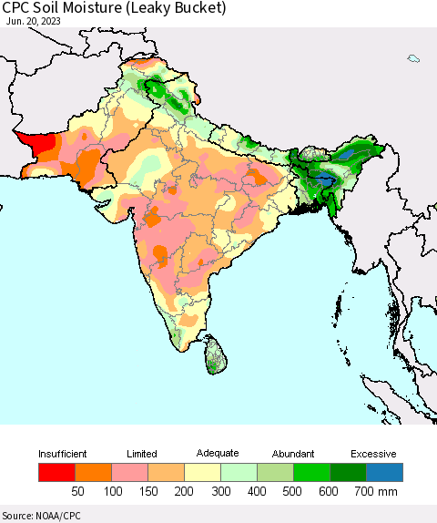 Southern Asia CPC Soil Moisture (Leaky Bucket) Thematic Map For 6/16/2023 - 6/20/2023