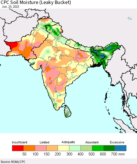 Southern Asia CPC Soil Moisture (Leaky Bucket) Thematic Map For 6/21/2023 - 6/25/2023