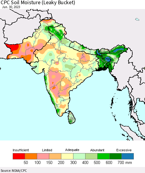 Southern Asia CPC Soil Moisture (Leaky Bucket) Thematic Map For 6/26/2023 - 6/30/2023