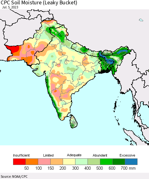Southern Asia CPC Soil Moisture (Leaky Bucket) Thematic Map For 7/1/2023 - 7/5/2023