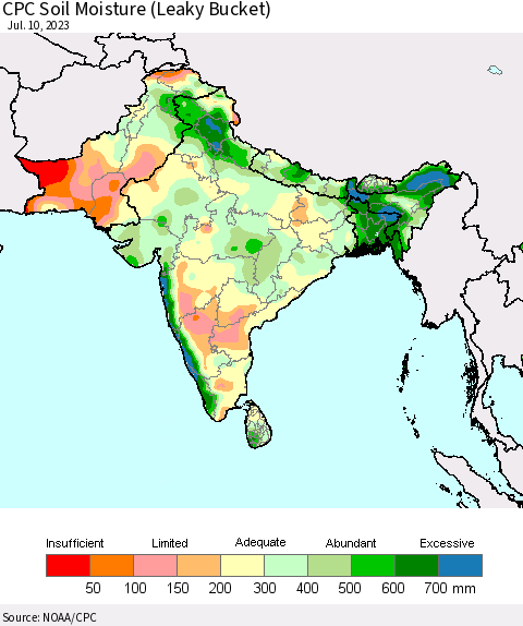 Southern Asia CPC Soil Moisture (Leaky Bucket) Thematic Map For 7/6/2023 - 7/10/2023