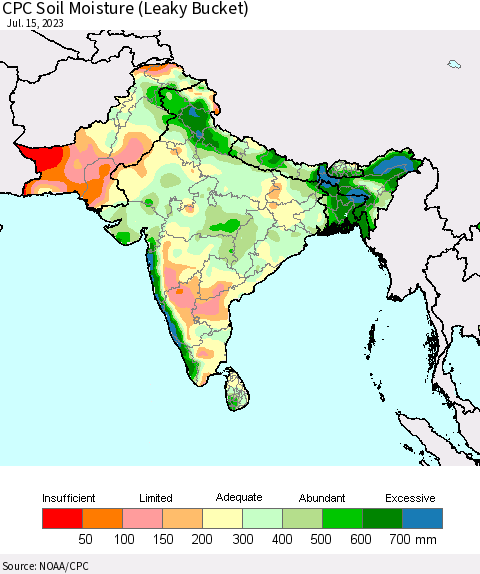 Southern Asia CPC Soil Moisture (Leaky Bucket) Thematic Map For 7/11/2023 - 7/15/2023