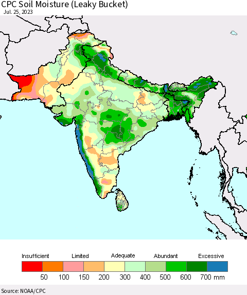 Southern Asia CPC Soil Moisture (Leaky Bucket) Thematic Map For 7/21/2023 - 7/25/2023