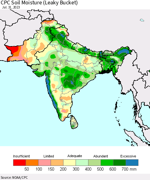 Southern Asia CPC Soil Moisture (Leaky Bucket) Thematic Map For 7/26/2023 - 7/31/2023