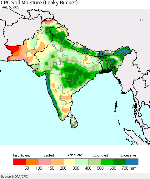 Southern Asia CPC Soil Moisture (Leaky Bucket) Thematic Map For 8/1/2023 - 8/5/2023