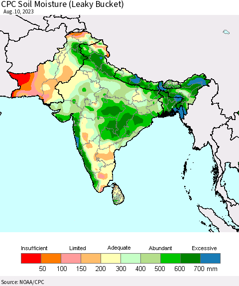 Southern Asia CPC Soil Moisture (Leaky Bucket) Thematic Map For 8/6/2023 - 8/10/2023
